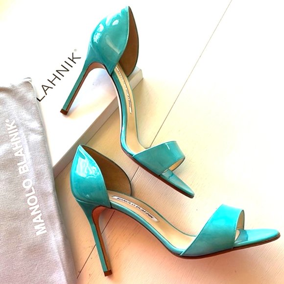 Manolo Blahnik Shoes - MANOLO BLAHNIK Catalina Turquoise Patent Leather Open Toe Sandal Heels SZ 38